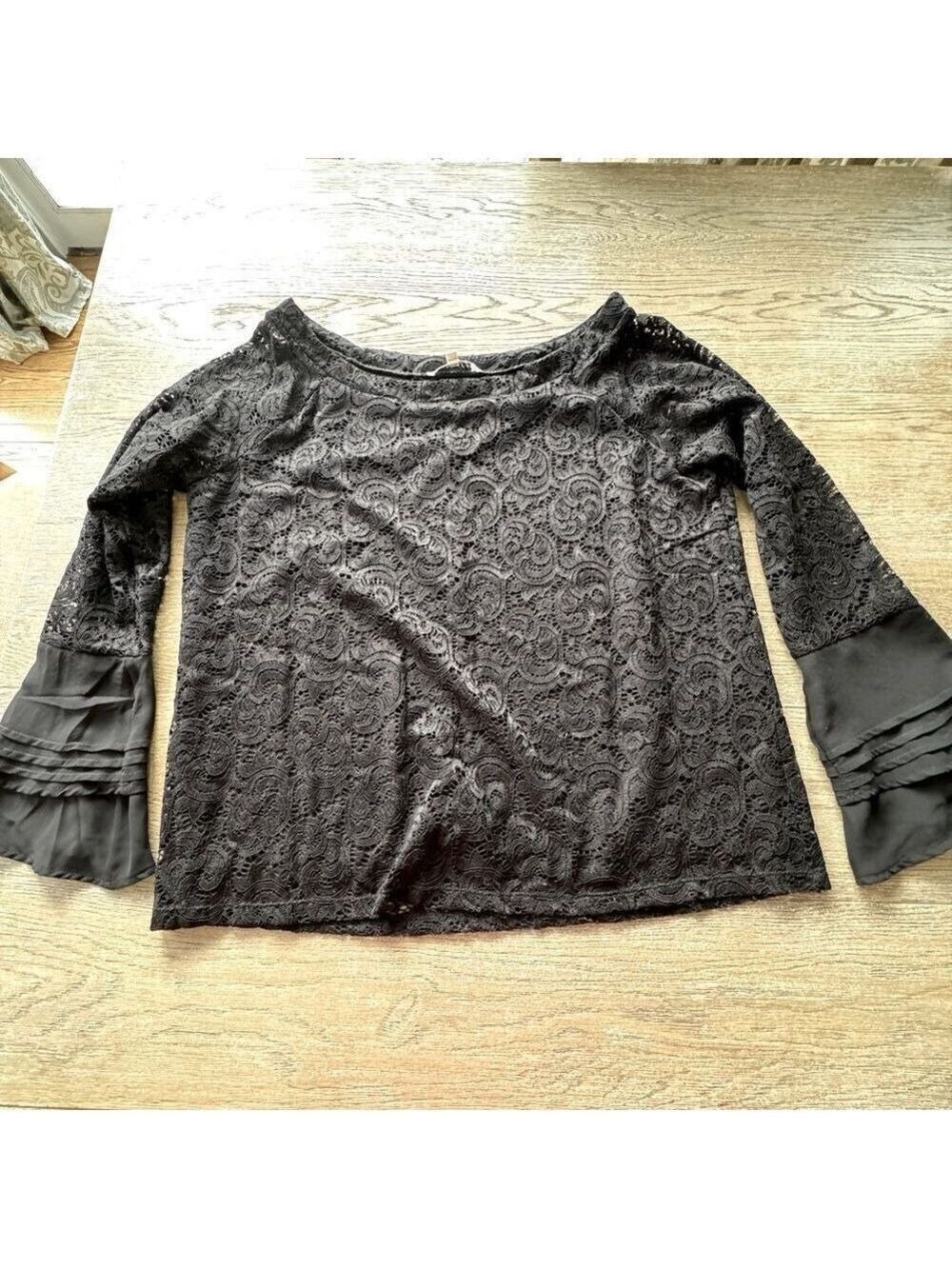 Rose and Olive Black lace with bell ruffle sleeves